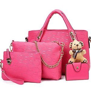 4-Piece Satchel Hobo Set – Large Tote, Purse, Shoulder Bag, Card Holder (Pink)